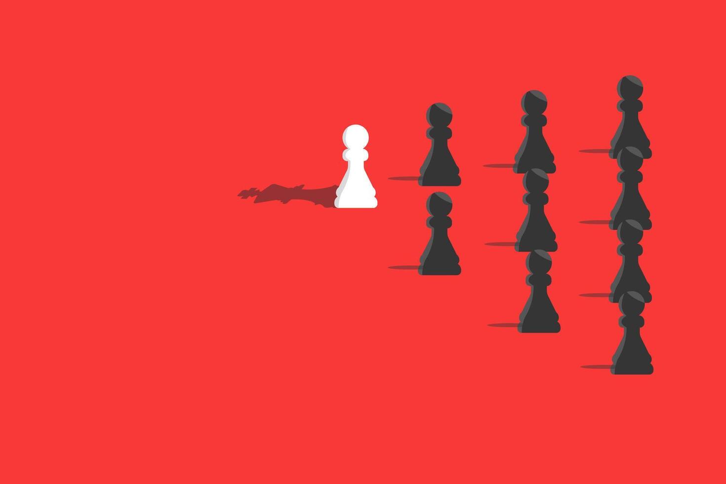 Leadership concept, white pawn of chess with king shadow, standing out from the crowd of black pawns vector