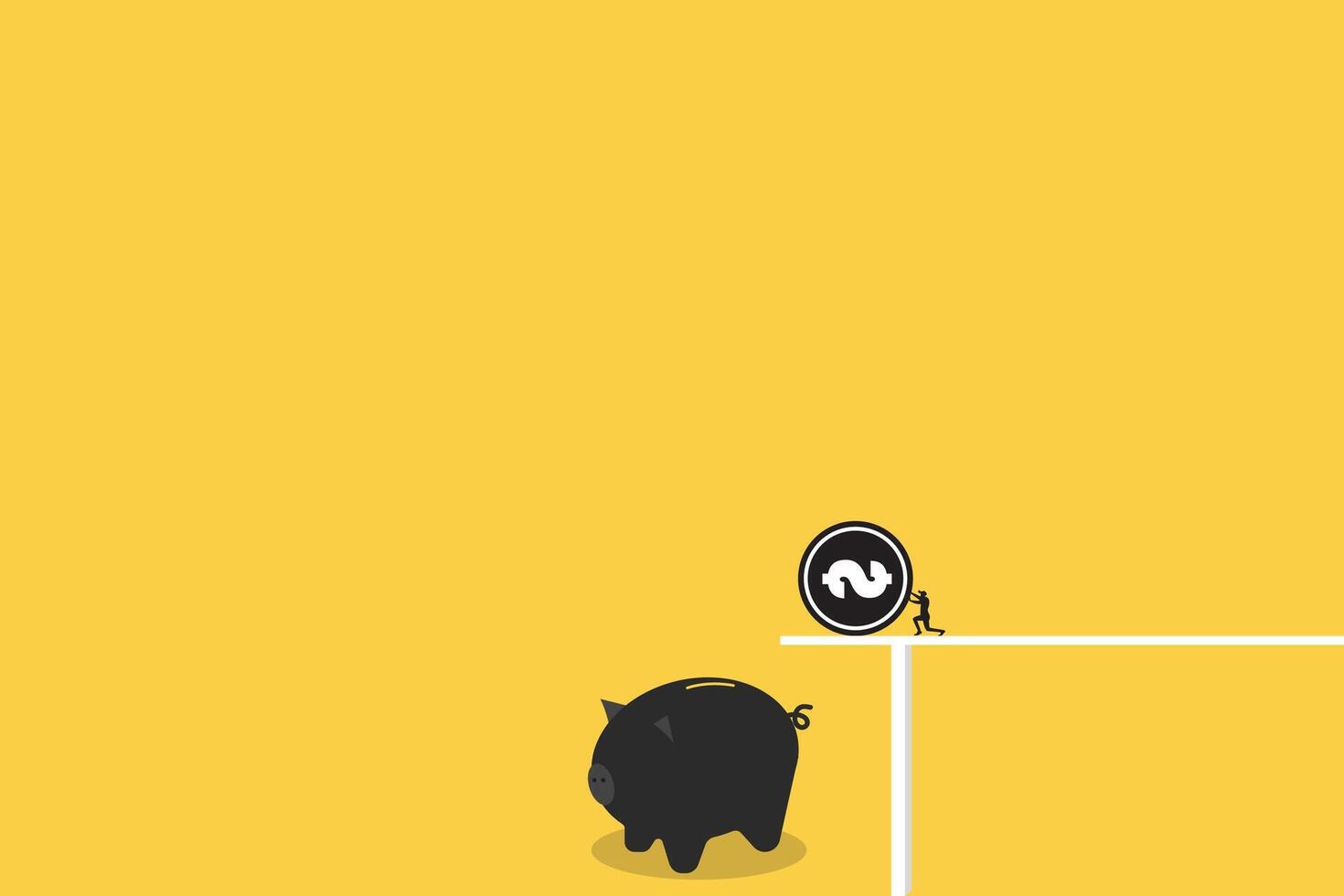 Businessman hand push coin to piggy bank on yellow background illustration in flat design. saving money concept. vector
