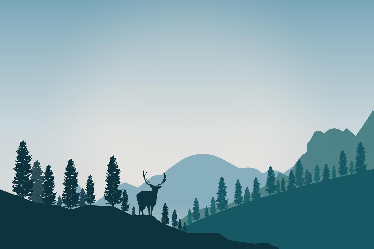 blue landscape with silhouettes of misty mountains, forests and deer. eps 10 vector