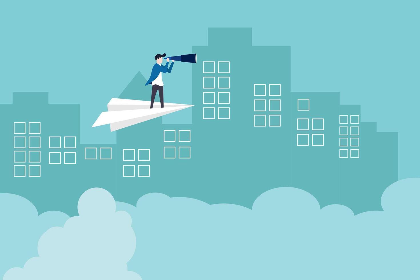 PrintBusinessman flying on paper plane and looking through telescope. Seeking career opportunities, leadership, new job, success, ambition and motivation. Planning and strategy concept. vector