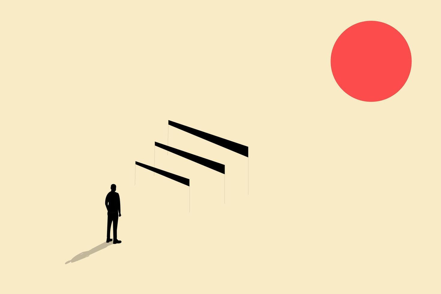 Businessman standing looking barrier level. creative solution, goal, success, stereotype, concept. Symbol of challenge. vector