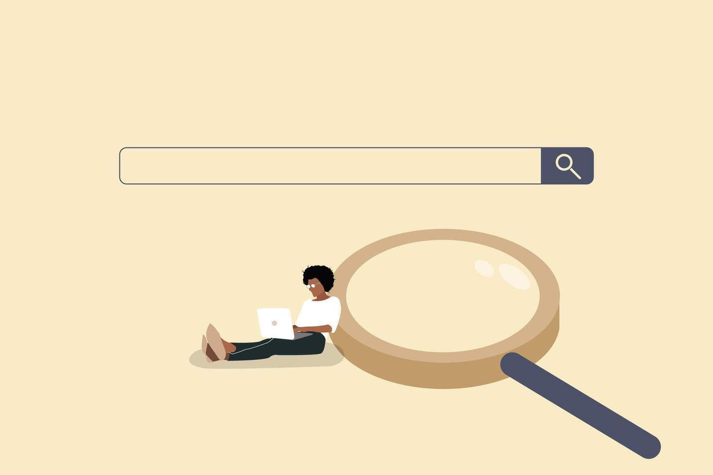 business woman beside magnifying glass with laptop. concept of recruitment, job, hiring, and opportunity. vector
