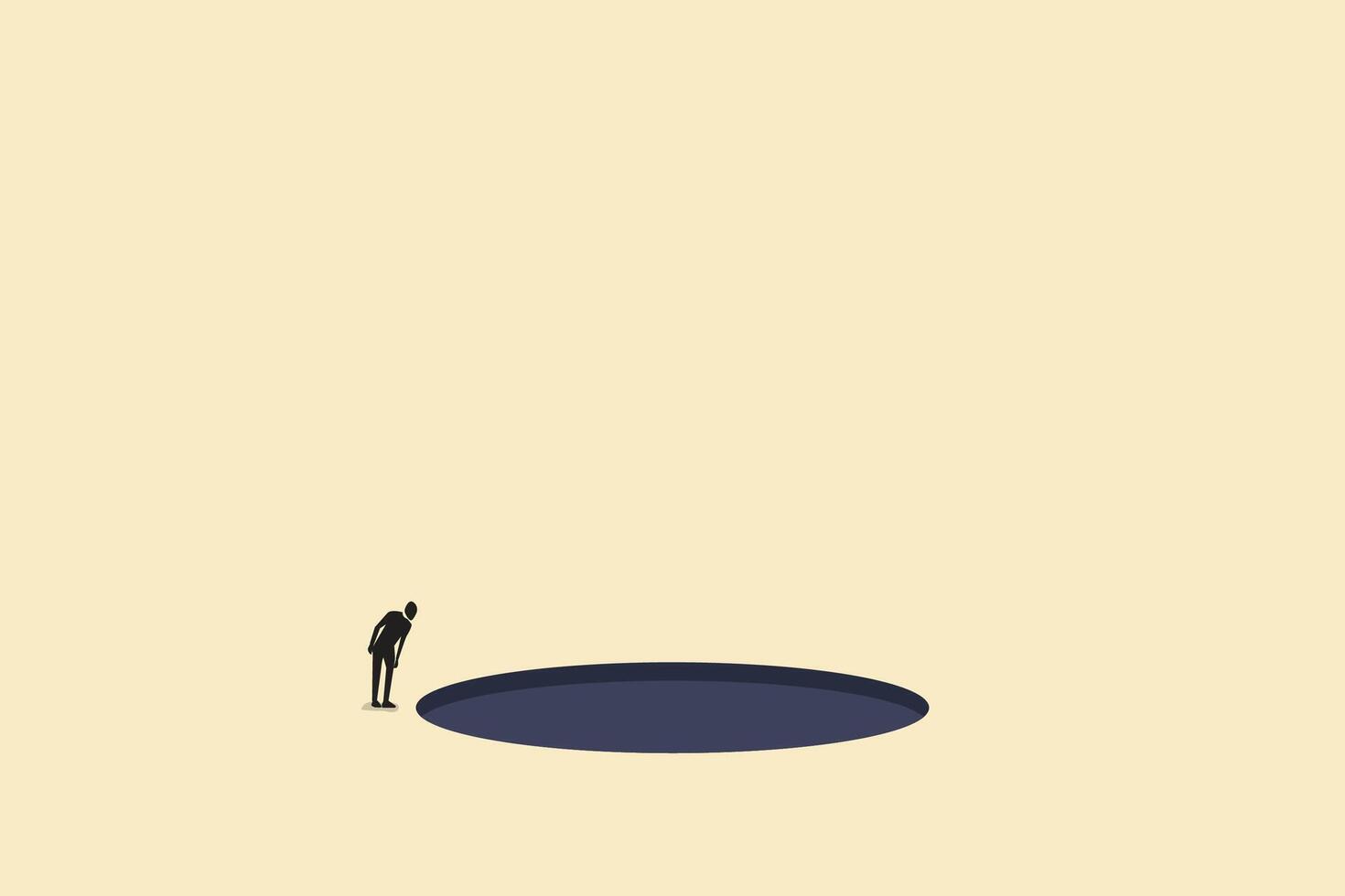 businessman on top looking down black hole. Business crisis, depression or burnout syndrome concept. Symbol of stress, recession, vector