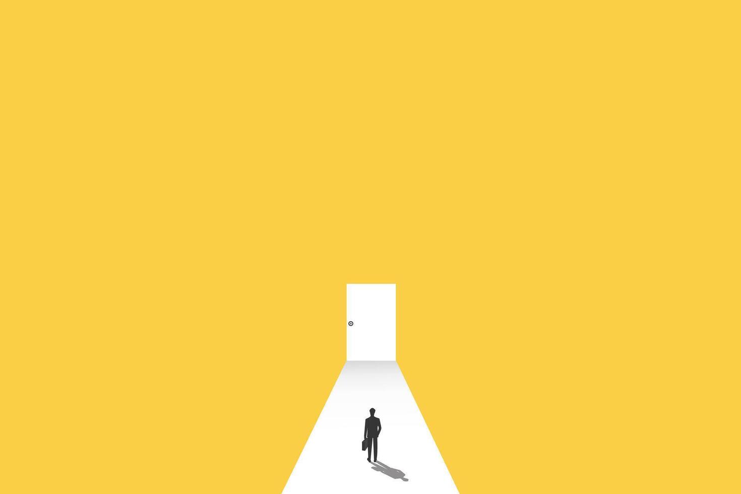 Business opportunity or career success concept with man standing in front of enter door. Symbol of courage, ambition, having a goal, inspiration. vector