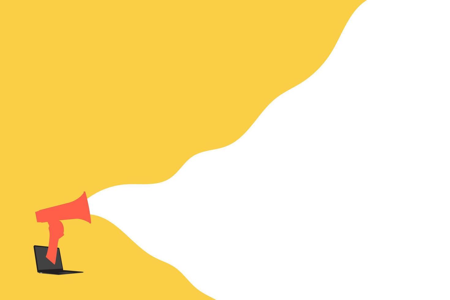 hand with megaphone out of laptop screen and shouting. Concept of information, creativity, social issues, rumors. Copy space for ad vector