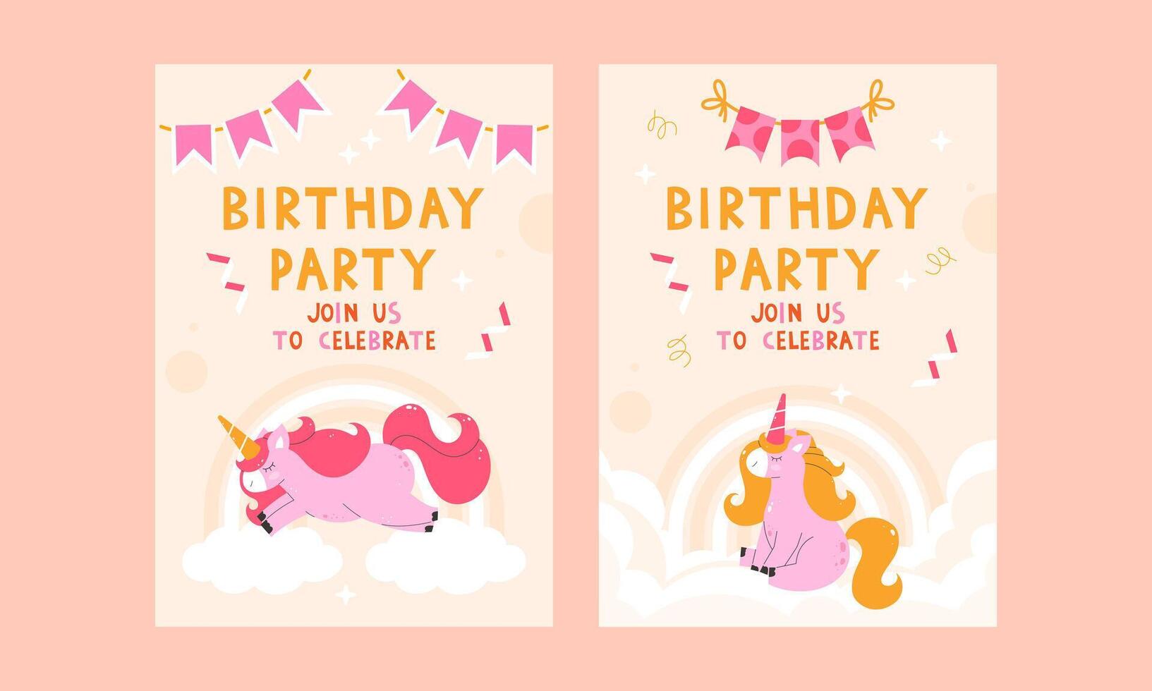 Childrens birthday invitations with unicorn. Children magic poster vector