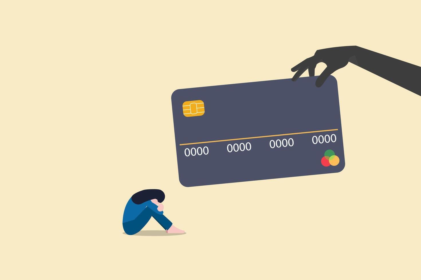 Depressed female with big credit card debt burden or loan payment. concept of Credit card debt, financial problem, loan or obligation to pay back, and over spending. vector