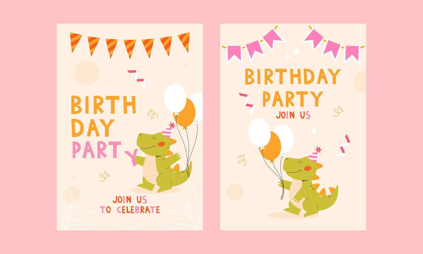 Childrens birthday invitations with dinosaur. Childrens animals party vector