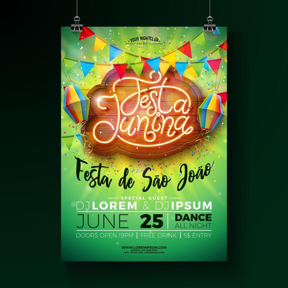 Festa Junina Party Flyer Design with Party Flags, Paper Lantern and Neon Light Lettering on Vintage Wood Billboard Background. Brazil June Festival Illustration for Celebration Poster or vector