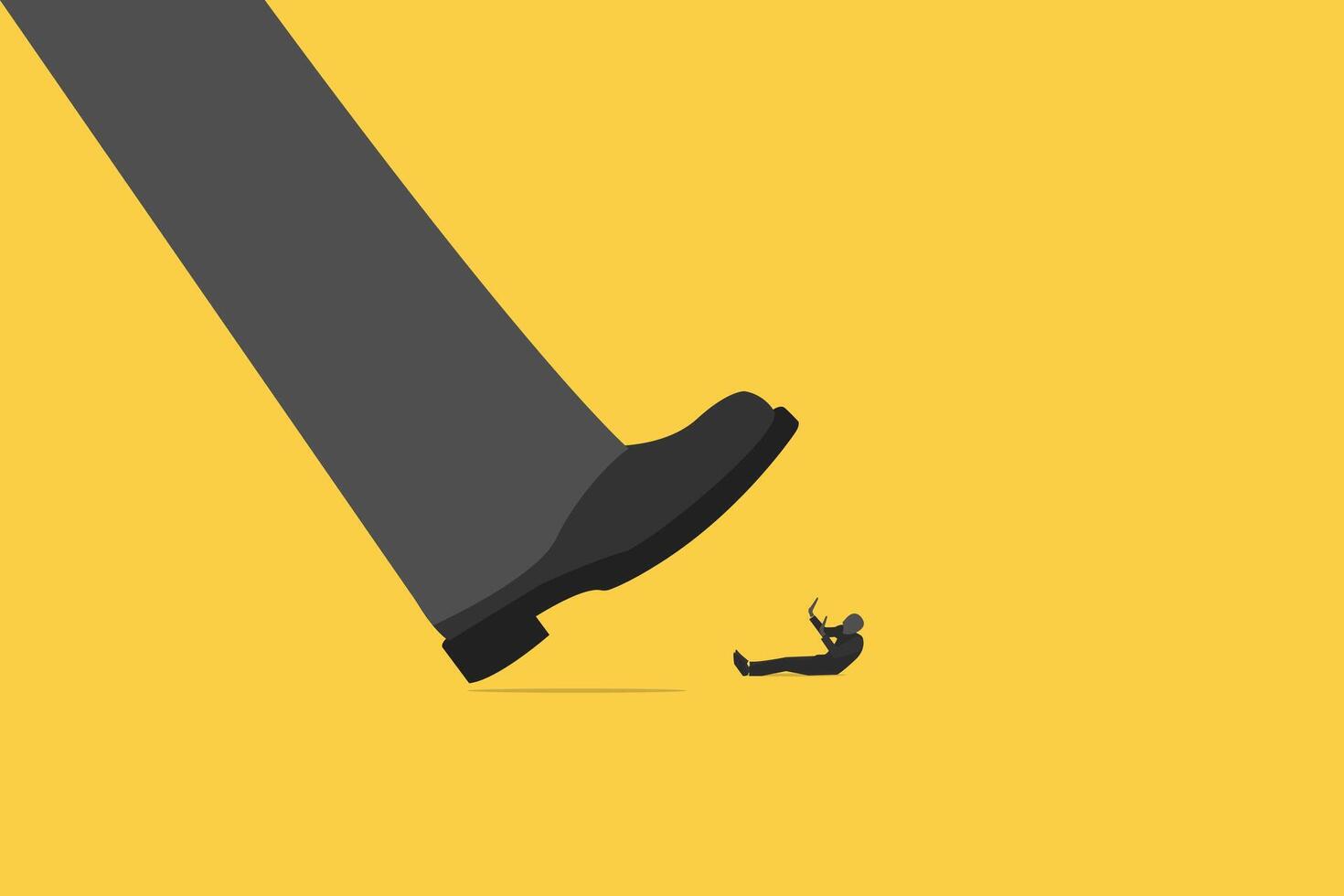 Big shoes trying to stomping step on his small worker or businessman. vector