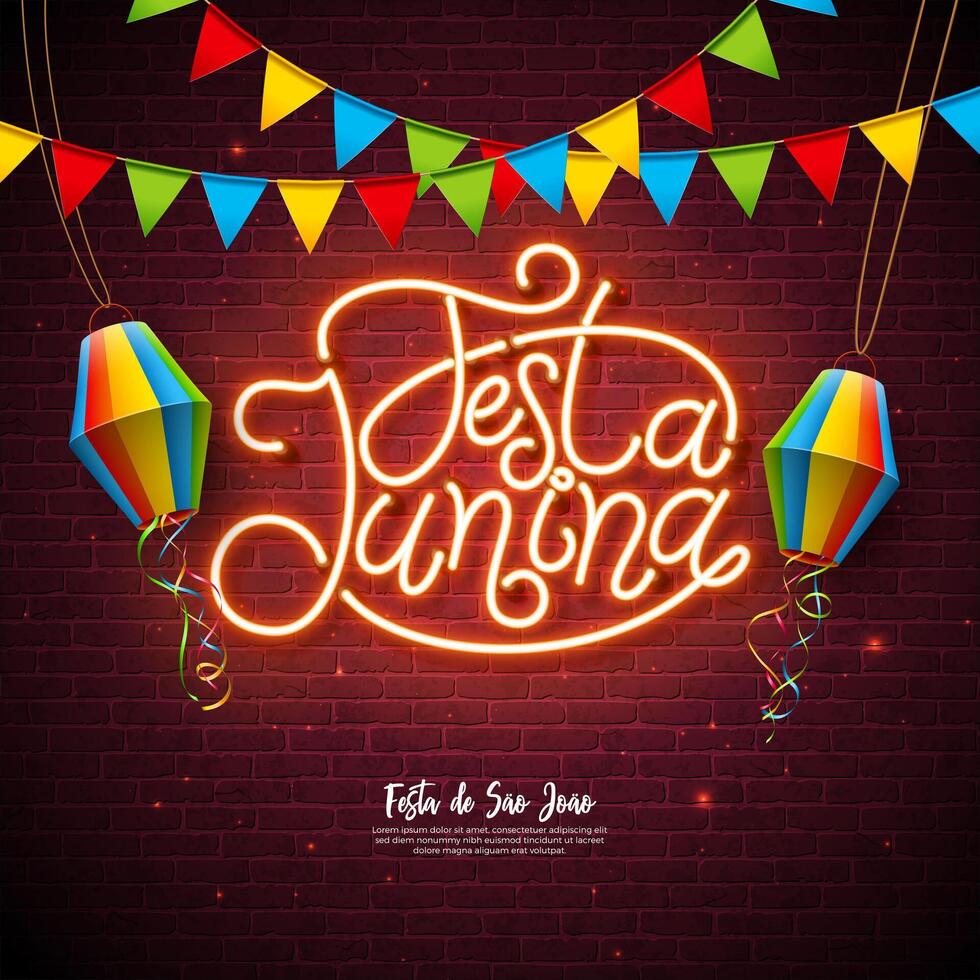 Festa Junina Illustration with Party Flags and Paper Lantern and Glowing Neon Light Letter on Vintage Brick Wall Background. Brazil June Sao Joao Festival Design with Typography for Banner vector