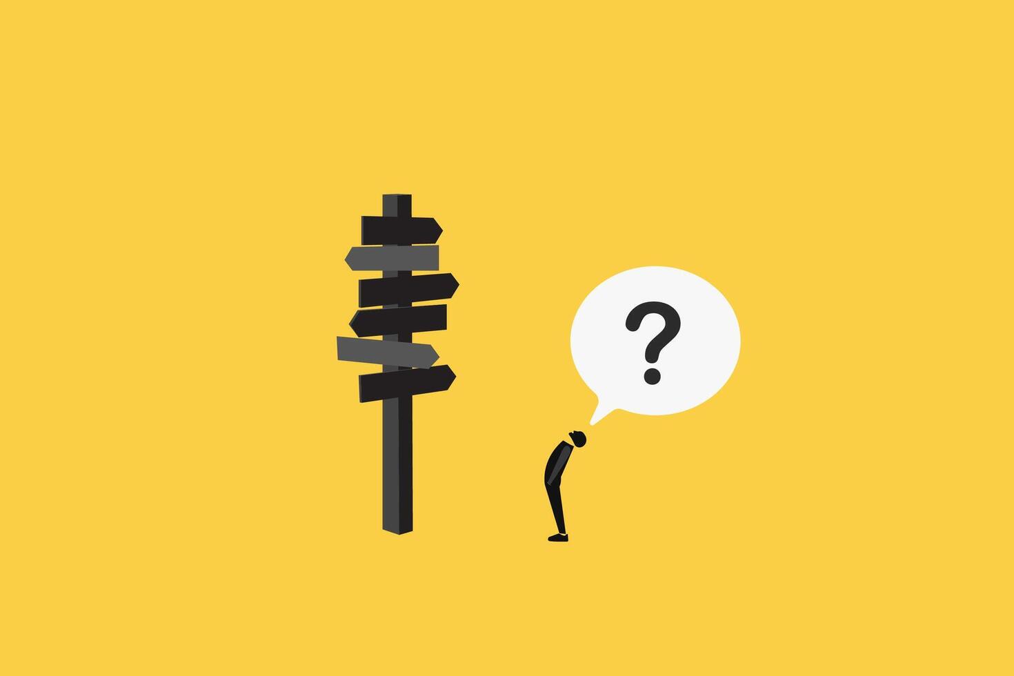 confusing businessman looking at multiple road sign with question mark and thinking which way to go. Business decision making, career path, work direction or choose the right way to success concept. vector
