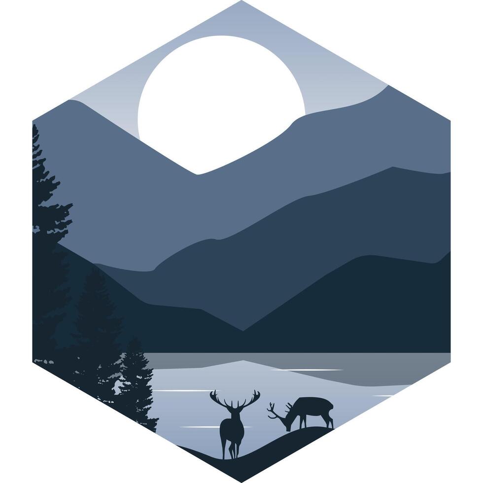 Outdoor adventure emblem logo design. Mountain landscape with deer in a forest and lake vector