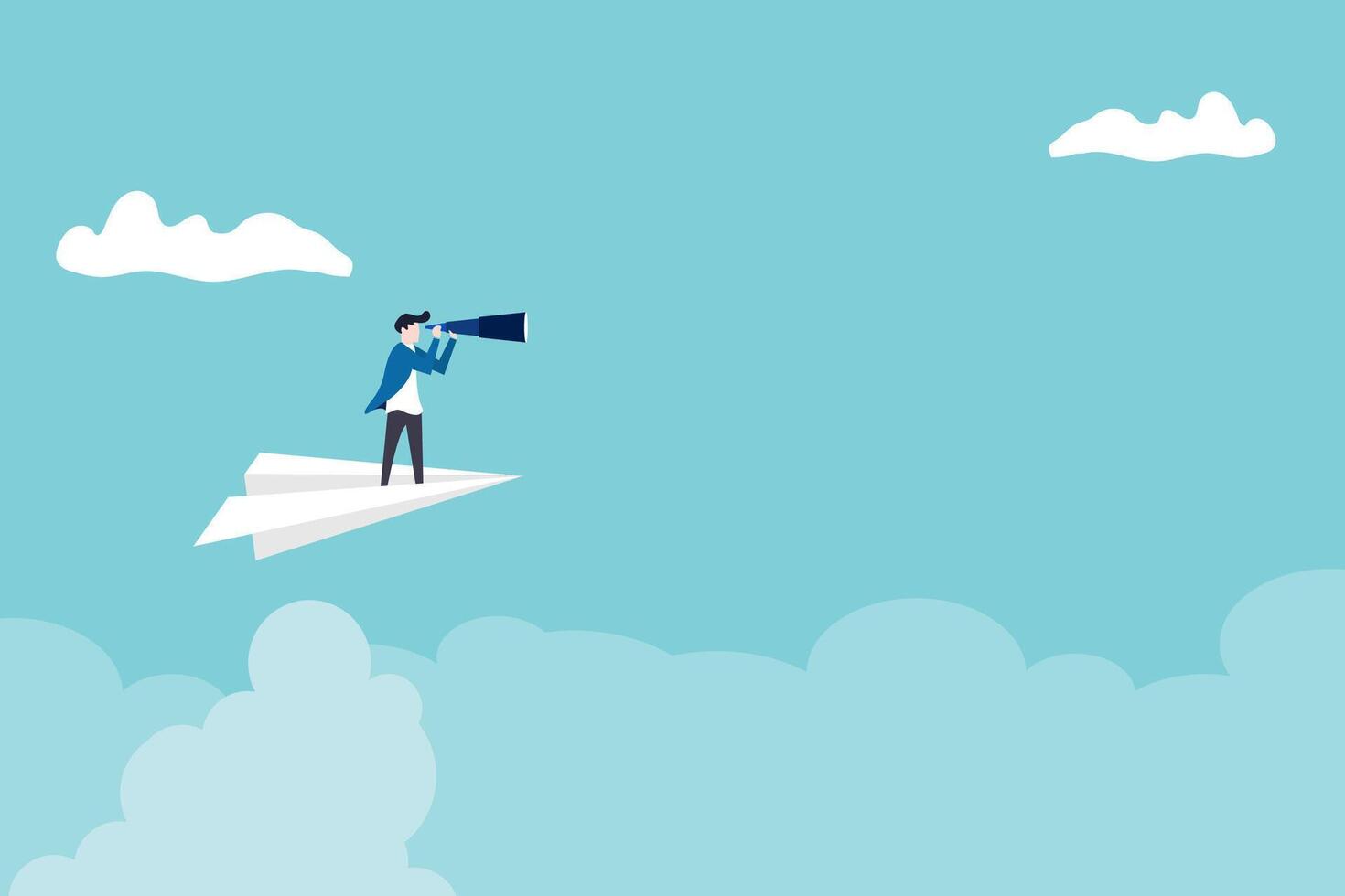 Businessman flying on paper plane and looking through telescope. Seeking career opportunities, leadership, new job, success, ambition and motivation. Planning and strategy concept. 1 vector