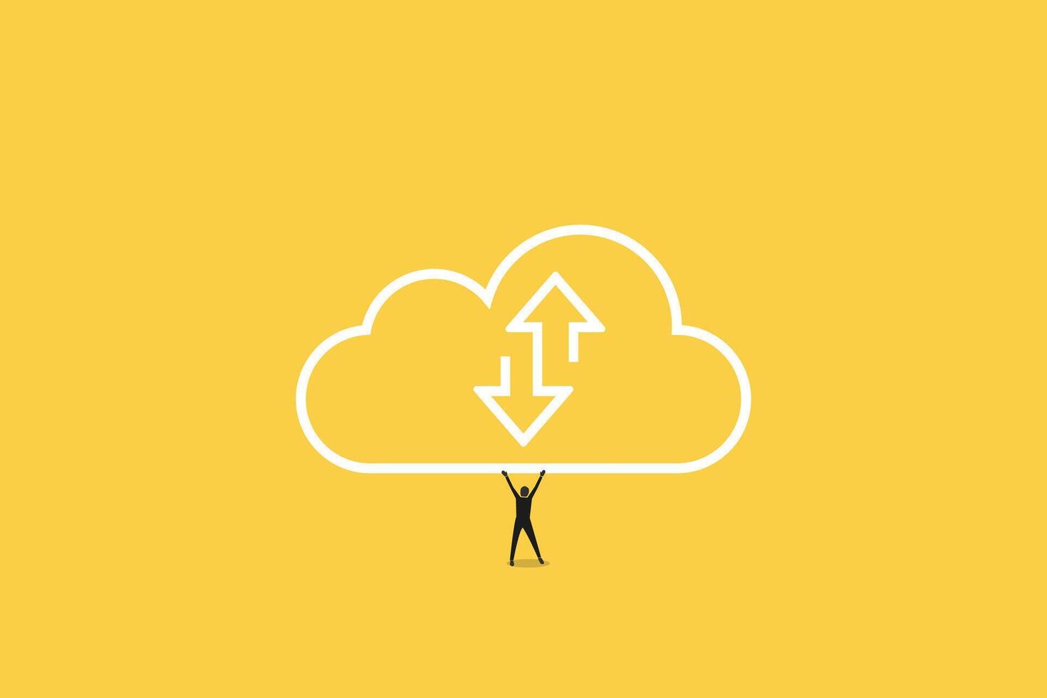 Happy person holding big cloud with arrow as symbol of online storage service. Data download and upload concept vector