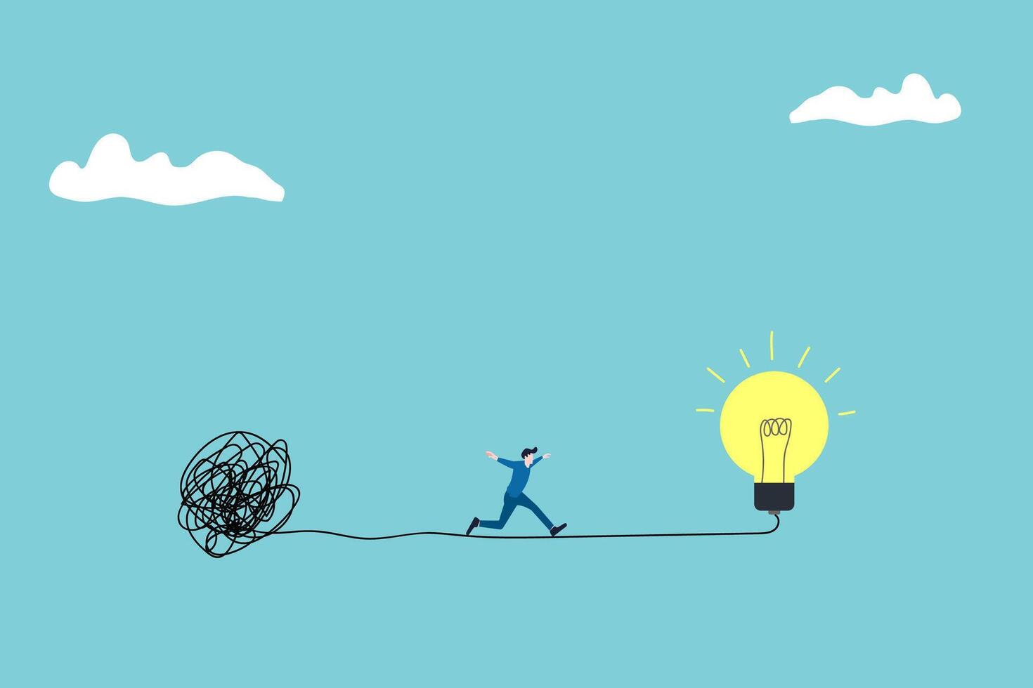 businessman running away from mess chaos line to simple lightbulb idea. concept of find solution, thinking process and problem solving vector