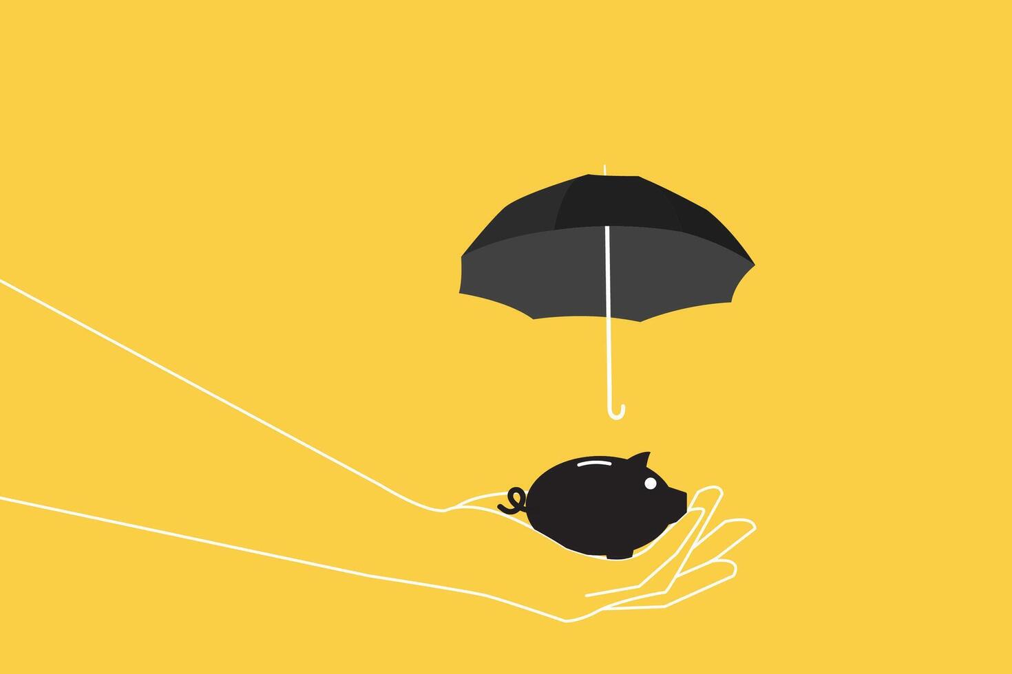 hand holding an piggy bank with umbrella protection. Investing and saving money during the rainy season concept, object on marble table top counter. vector