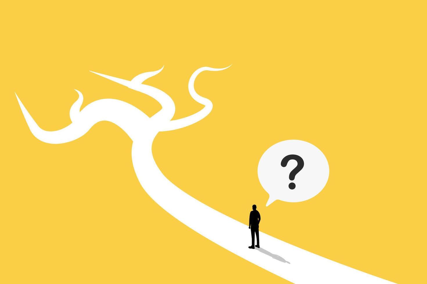 confusing businessman looking at multiple road with question mark and thinking which way to go. Business decision making, career path, work direction or choose the right way to success concept. vector
