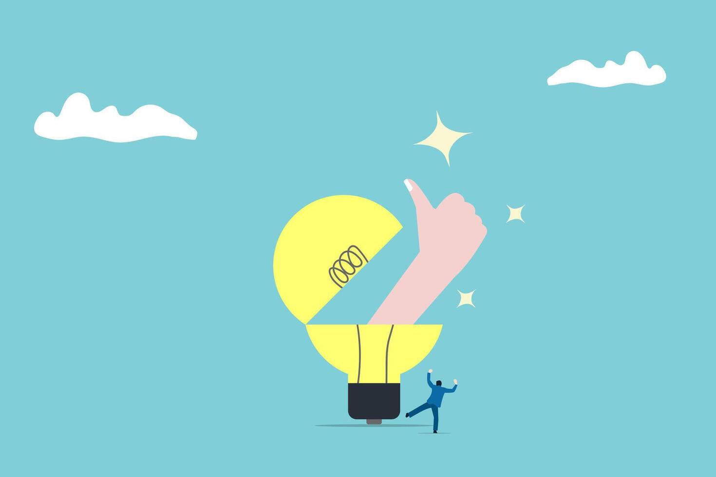 lightbulb open with thumb and businessman happy. business opportunity, vision to discover new solution or idea, curiosity, searching for success concept, vector