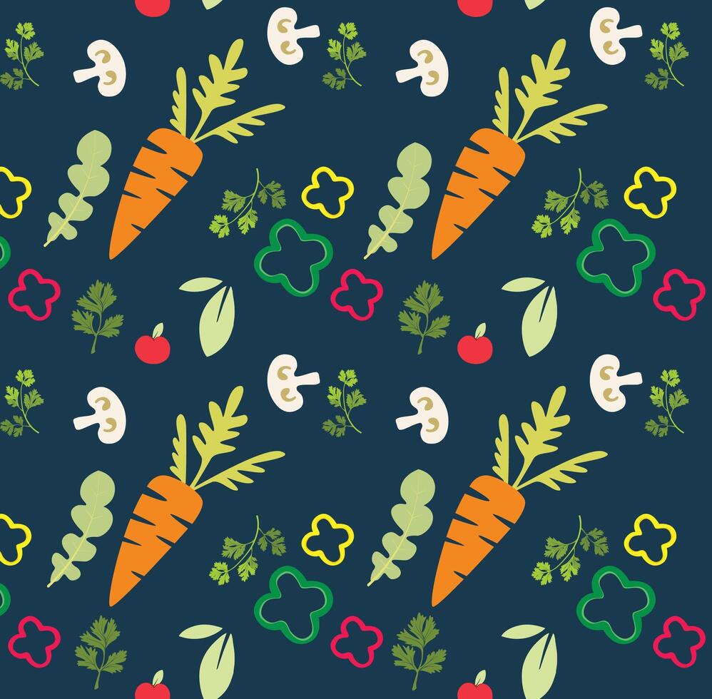 Vegetarian seamless pattern with carrot, tomato, mushrooms and paprika. Colorful modern background vector