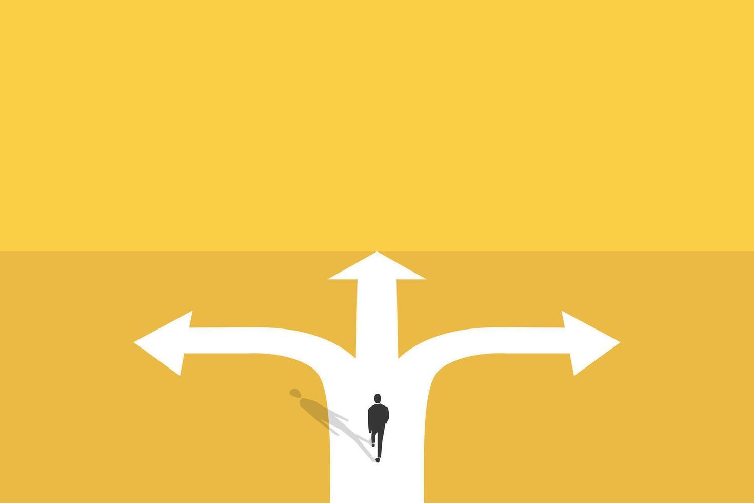 businessman walk in front of a crossroad with road split in three different ways as arrows. vector