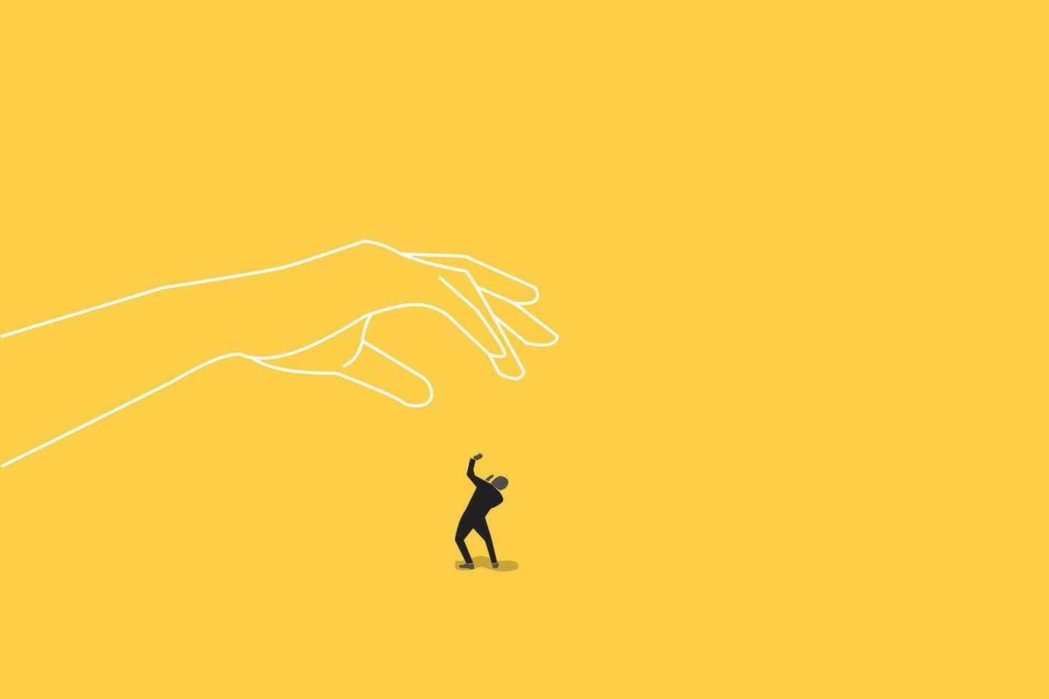 big hand trying to catch on his small worker or businessman. concept of under pressure. risk, financial, and tax. vector
