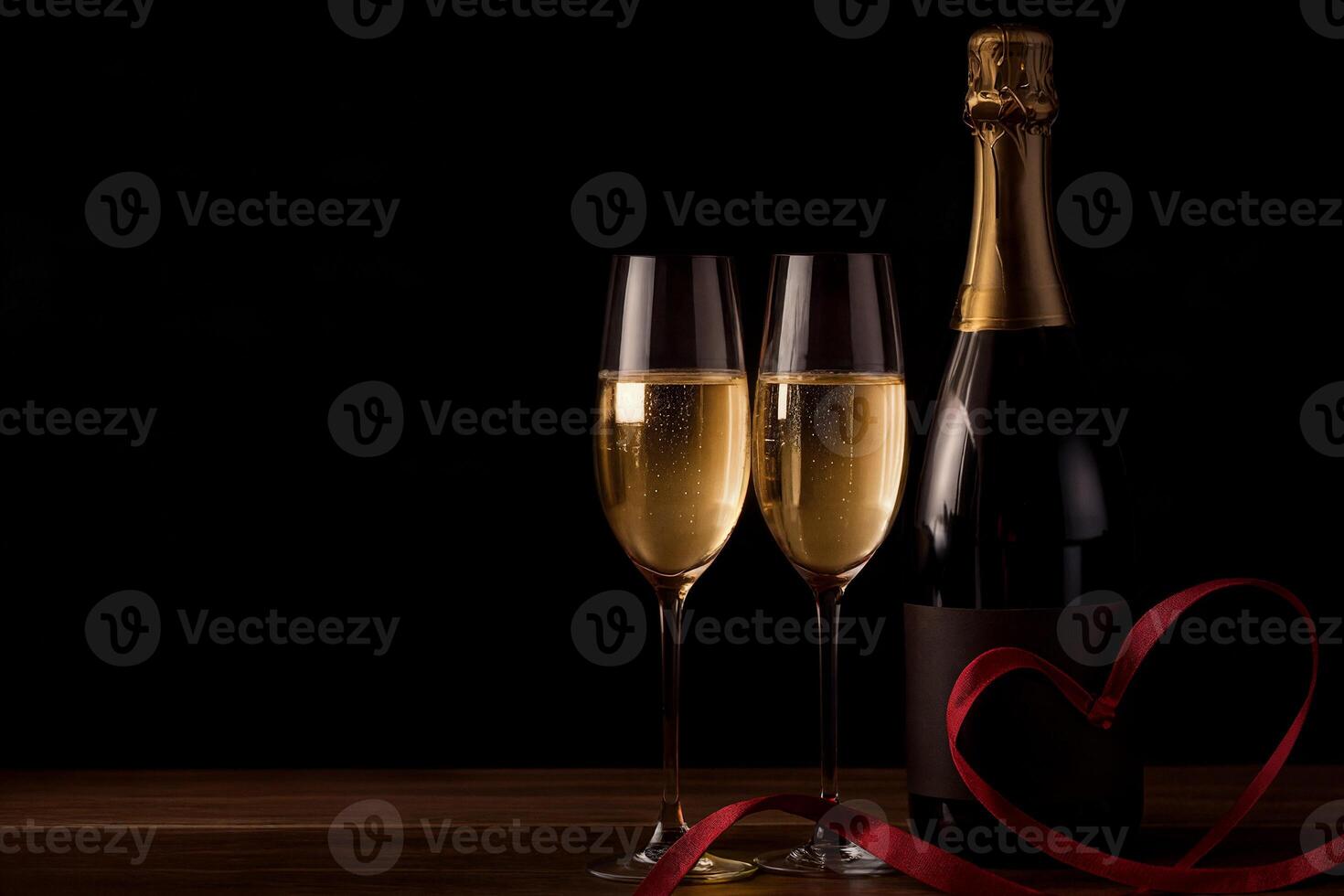 two glasses of champagne, red heart ribbon with space for text on a black background, valentine's day photo
