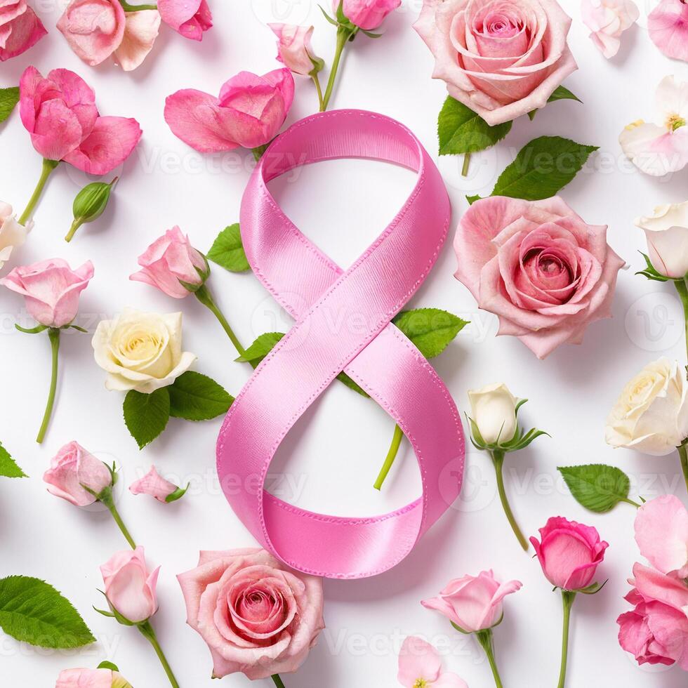 pink ribbon in the shape of a figure eight on a background of roses, March 8 photo