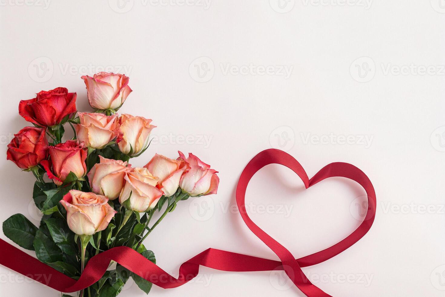 bouquet of rose flowers and red ribbon heart on a white background with space for text, valentine's day photo