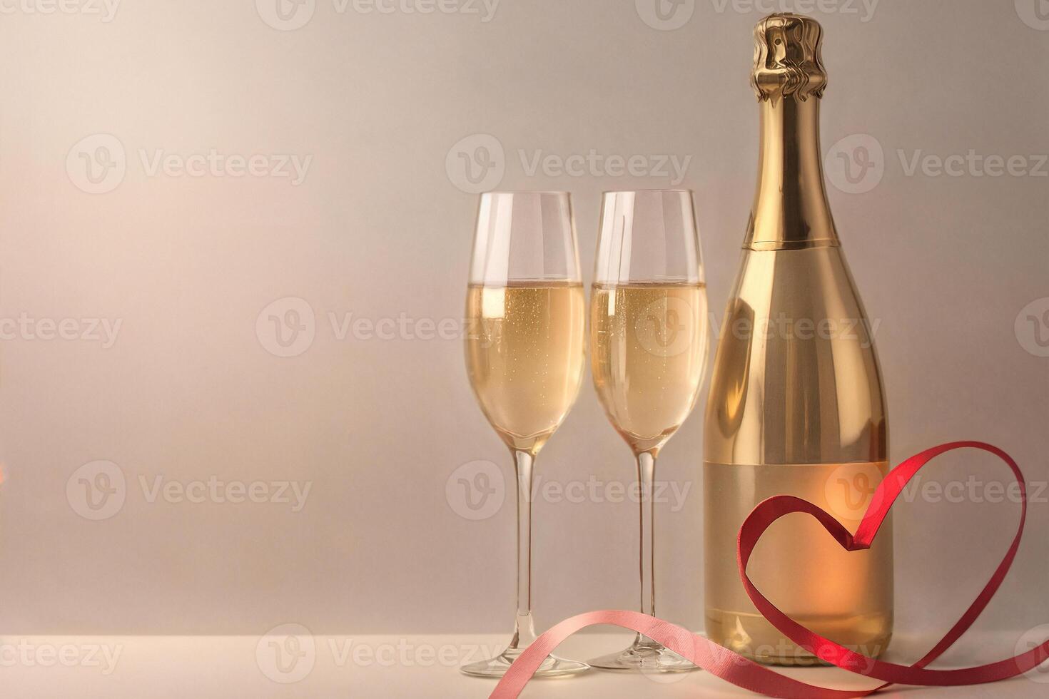 two glasses of champagne, red heart-shaped ribbon with space for text on a light background, valentine's day photo