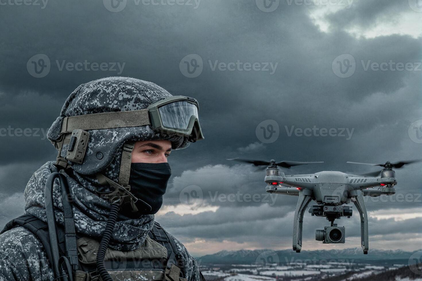 military man looks at reconnaissance drone close-up photo