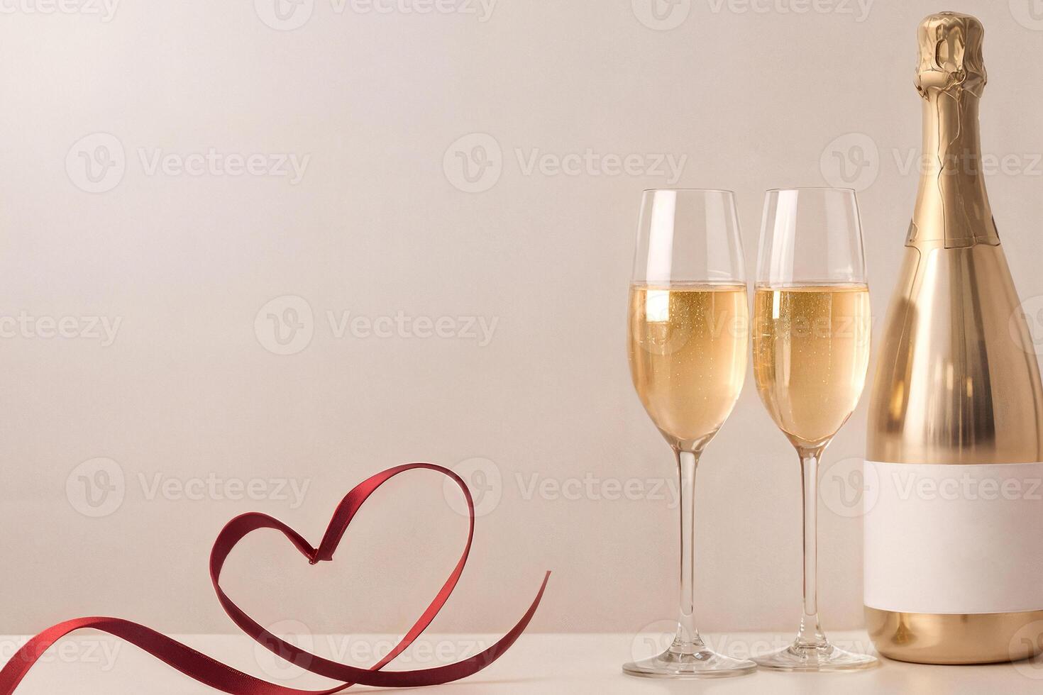 valentine's day, two glasses of champagne, red heart ribbon with space for text on a light background photo