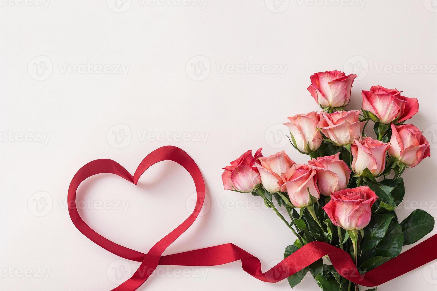 bouquet of rose flowers and red ribbon heart on a white background with space for text, valentine's day photo
