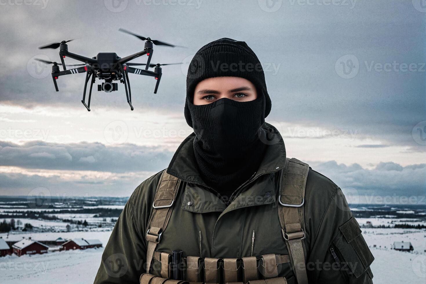 military operator with a reconnaissance drone in the background photo
