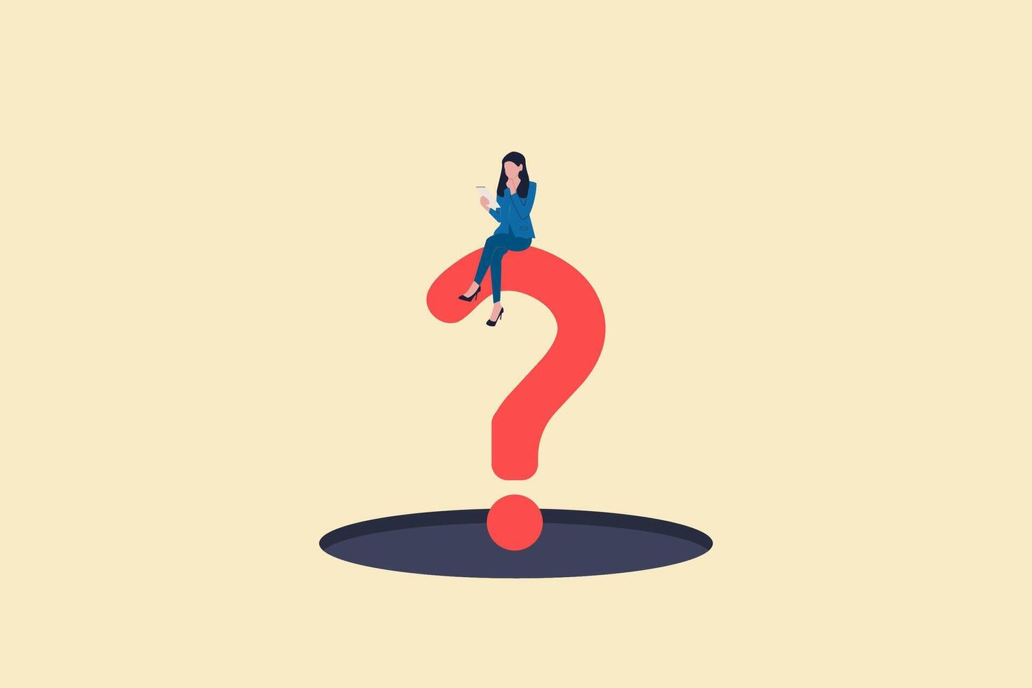 Business woman sitting on question mark. concept of business solution, confusion and conclusion vector