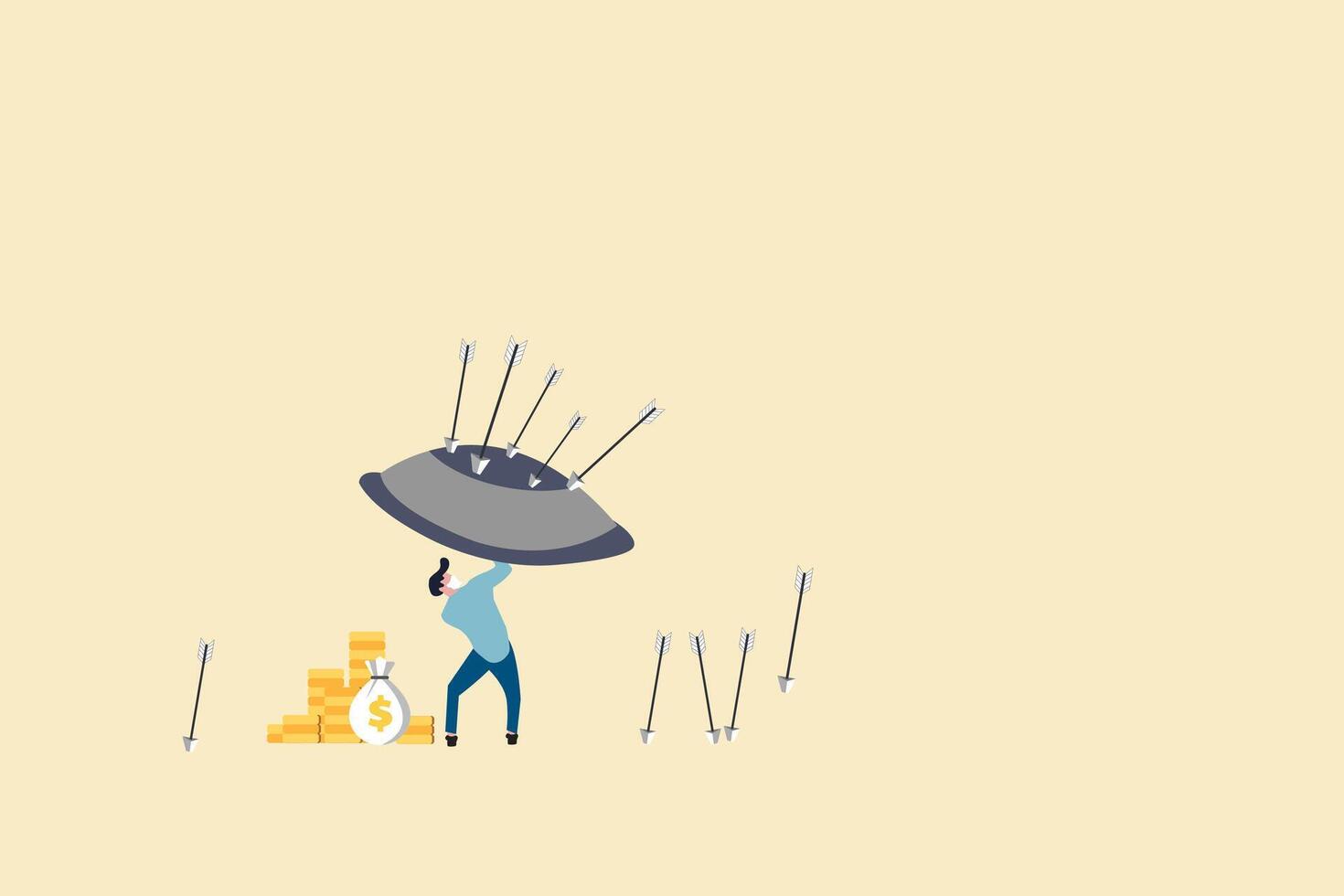 Businessman or banker protecting stacked coins his investments with shield against of arrow. concept of Wealth protection, asset allocation portfolio in market or saving financial vector