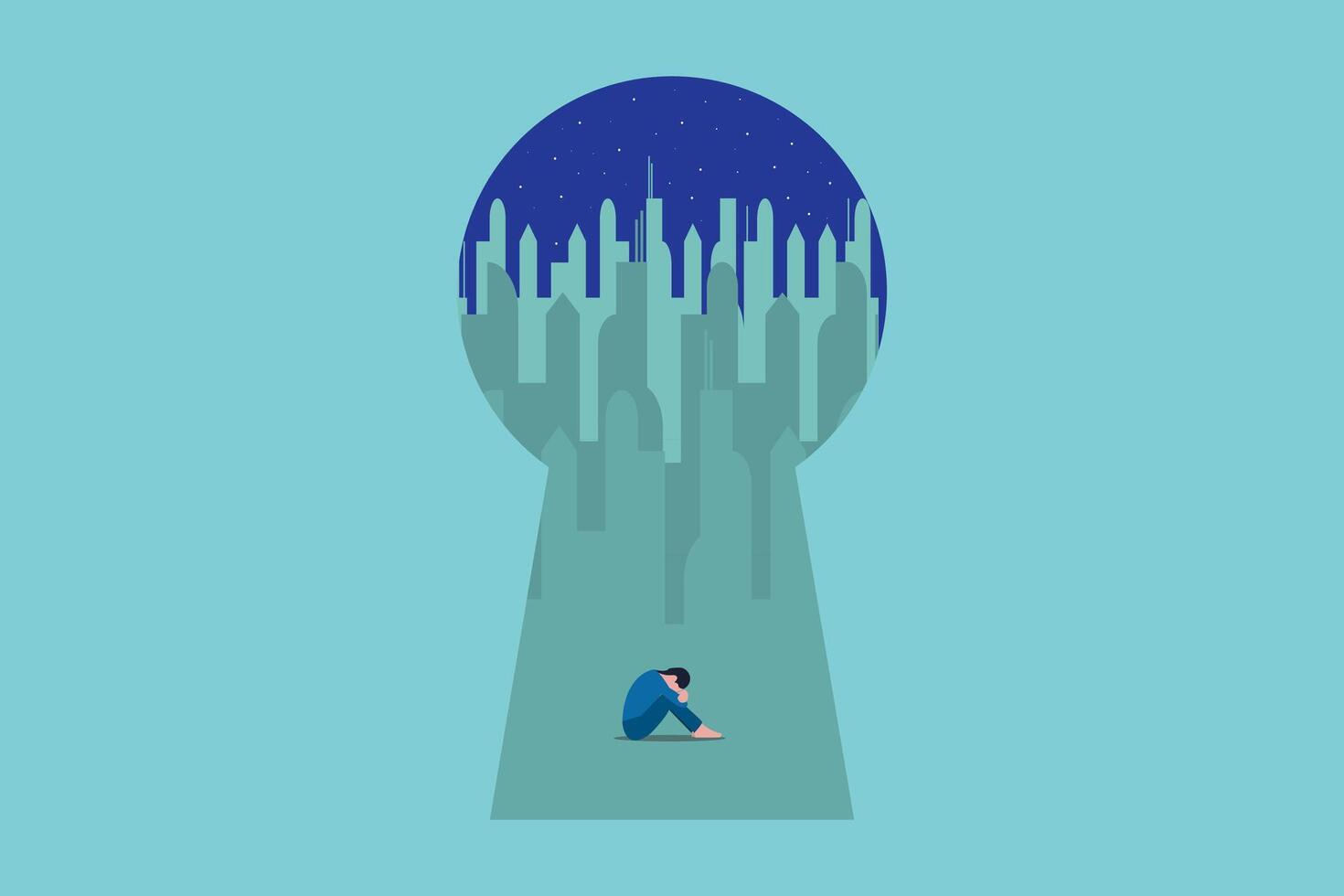 sad woman in a keyhole with city view background. vector