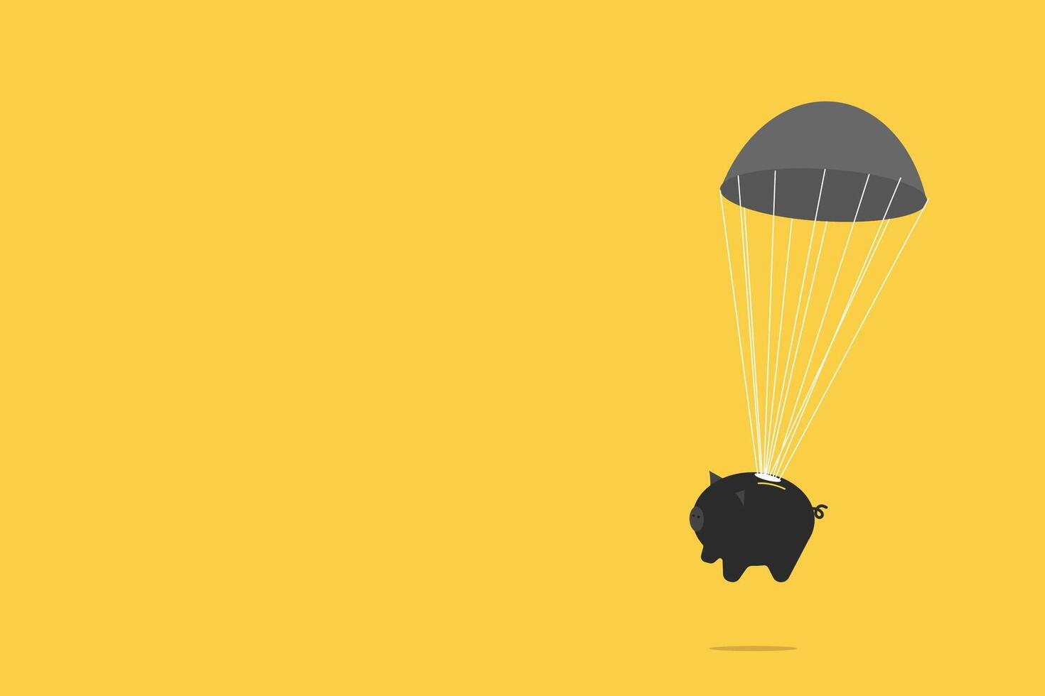 Piggy Bank Floating Down with black Parachute. financial saving vector