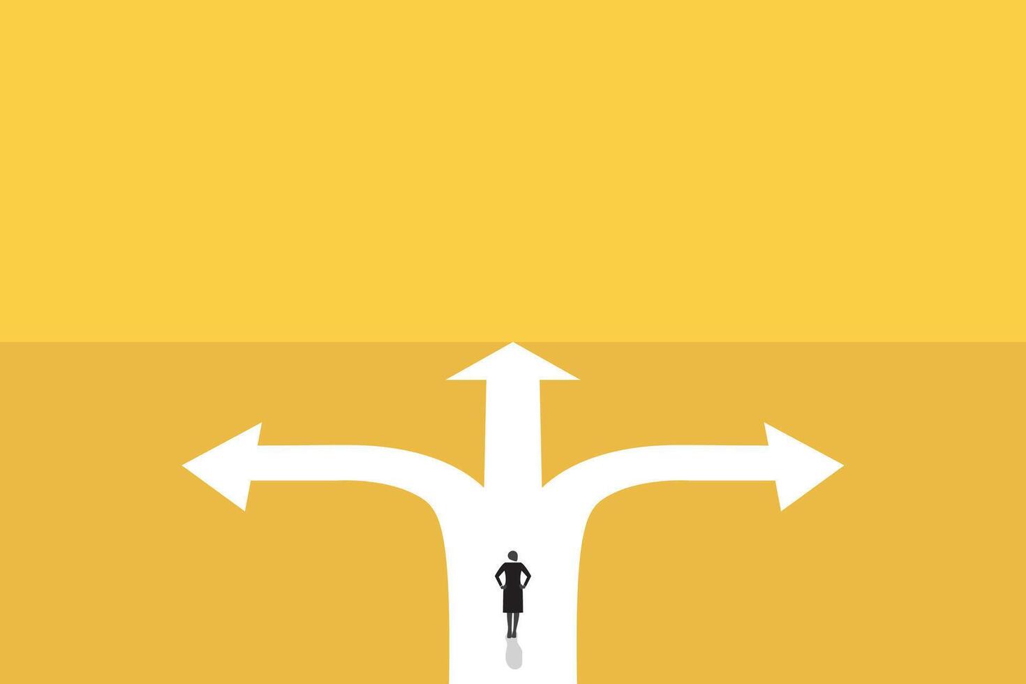 business woman stand in front of a crossroad with road split in three different ways as arrows. Business decision making, career path, work direction or choose the right way to success concept. vector