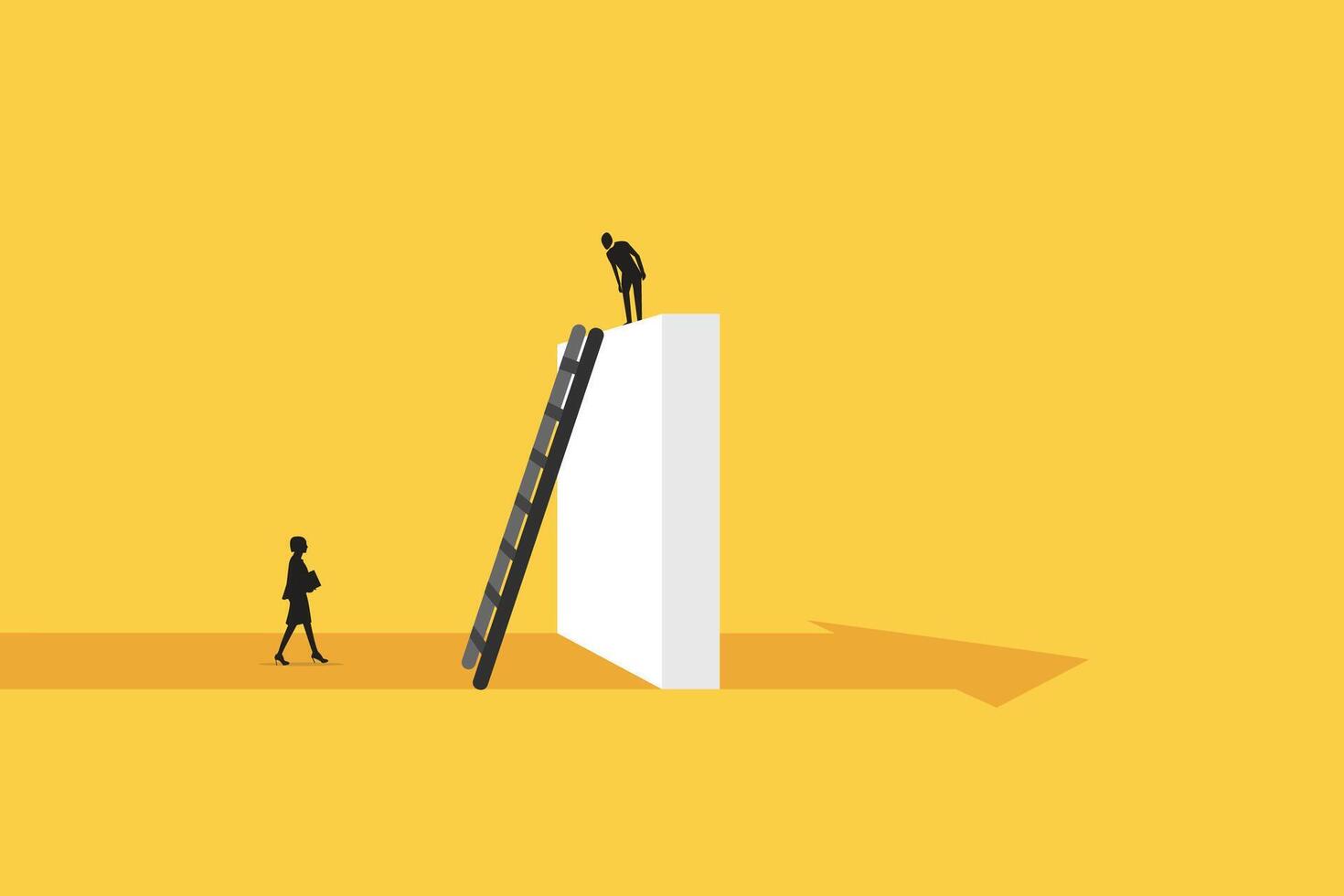 Man on top big wall and woman in bottom. Gender issues in business. vector
