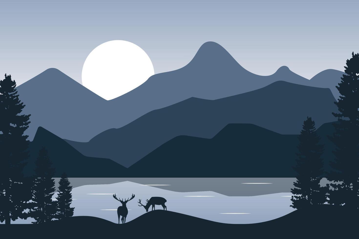 Mountain landscape with deer in a forest and lake vector
