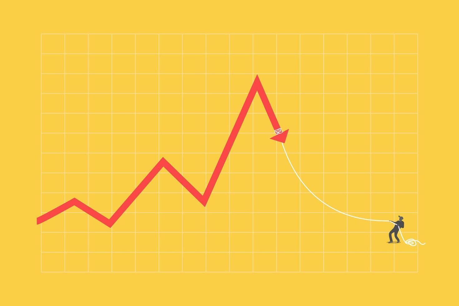the businessman pulled the arrow down with a rope. Cost reduction, market fall, financial crisis, lost money, risk concept. vector