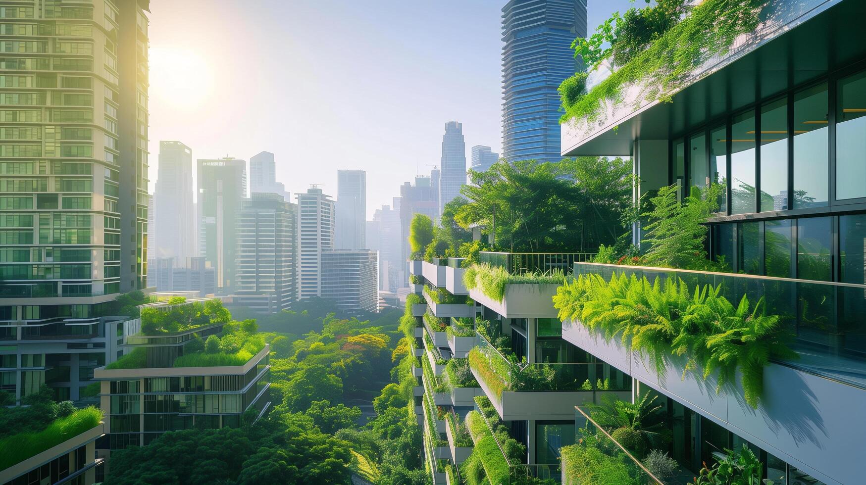 urban farming concept, sleek skyscrapers reaching toward a clear sky, their rooftops transformed into lush gardens photo