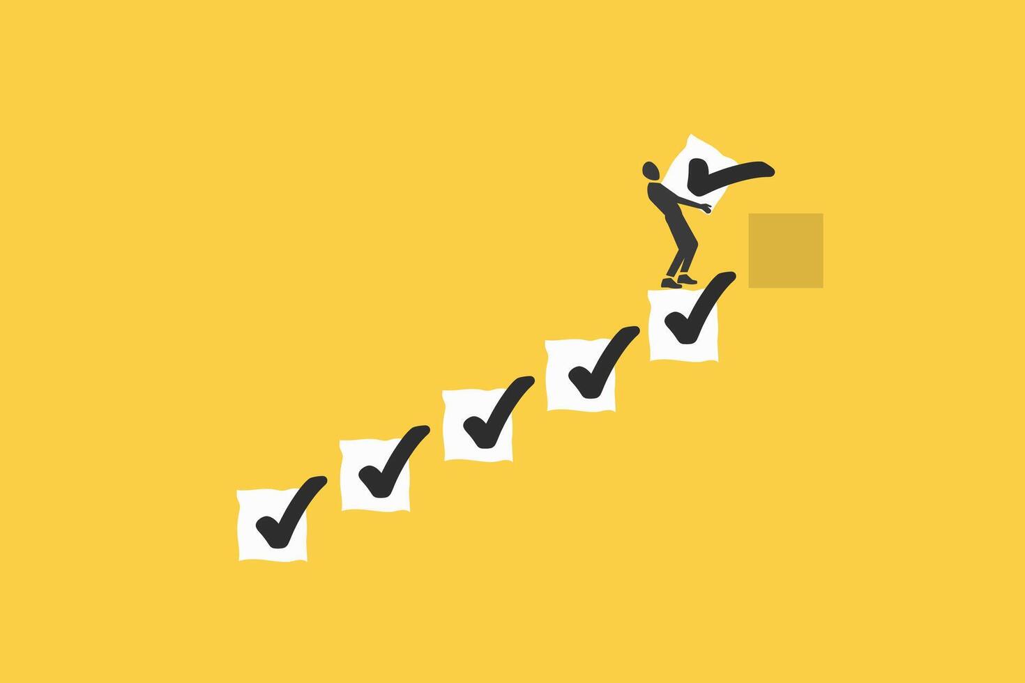 businessman step stairs on checklist to target. Progression from start to success, opportunity, improvement, competition, finish project and goal. vector
