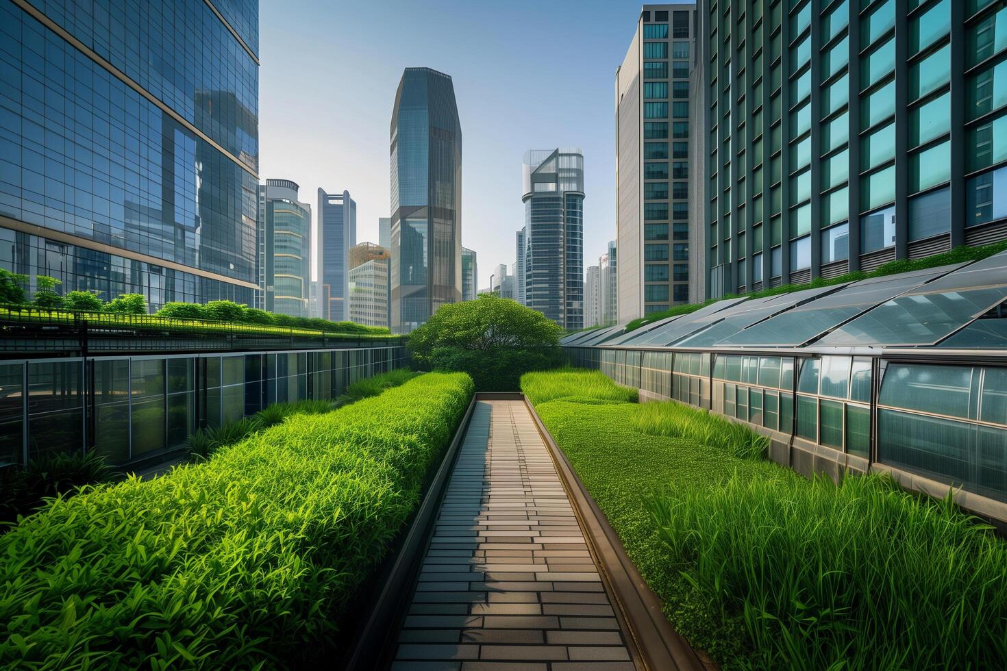 urban farming concept, sleek skyscrapers reaching toward a clear sky, their rooftops transformed into lush gardens photo