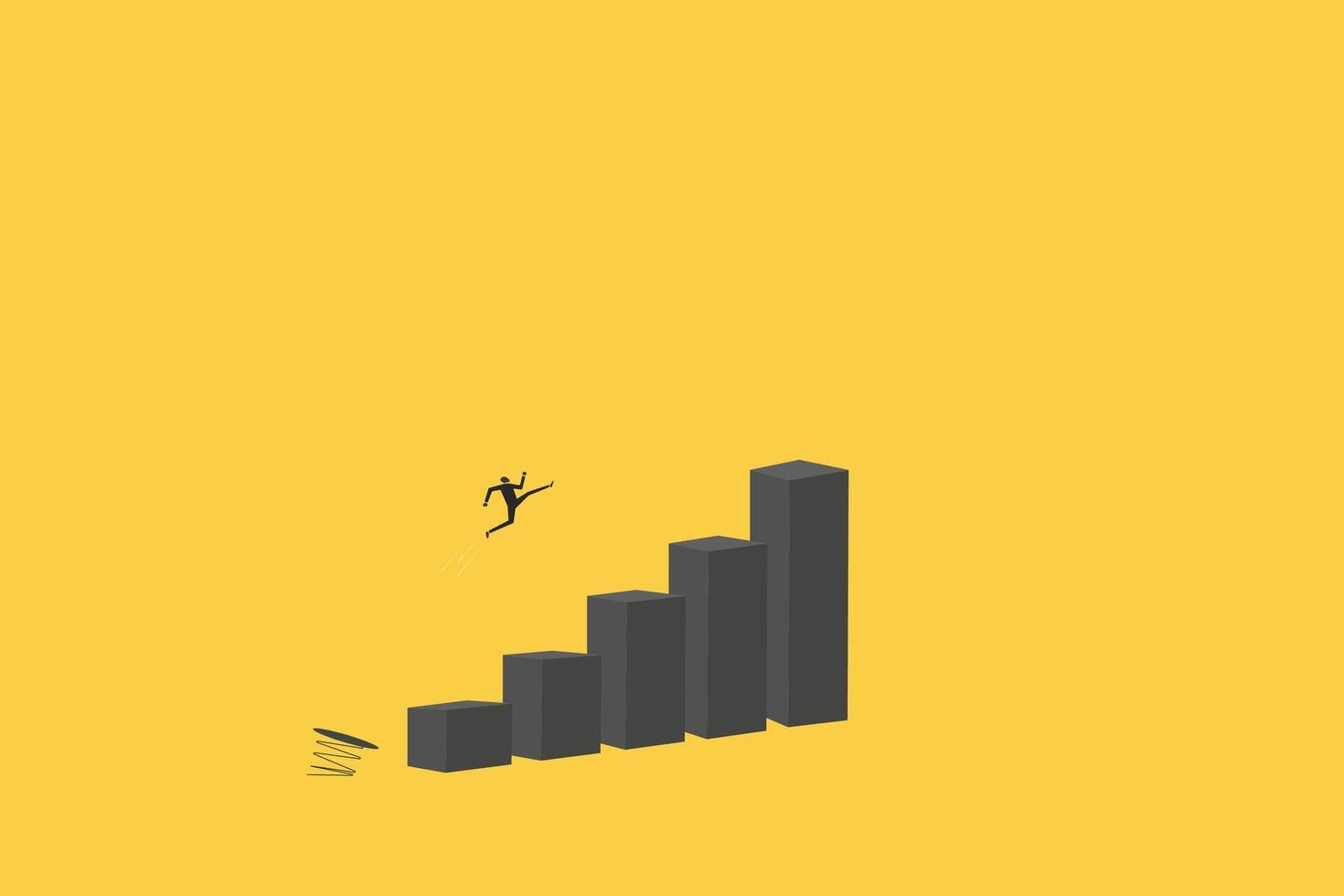 Business challenge, revenue rebound and recover from economic crisis or earning and profit growth jump from bottom concept, strong businessman jumping from trampoline back to top of growing bar graph. vector