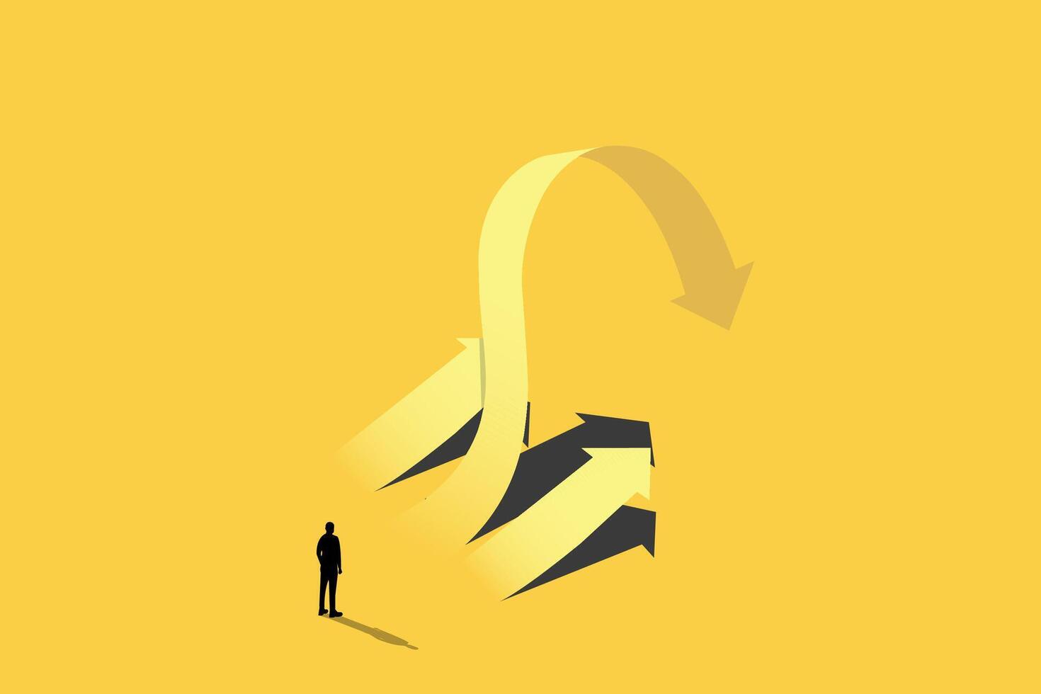 business man looking arrow down. Financial crisis, recession, depression concept with downward graph. Symbol of stock market crash, Financial crisis, depletion of savings and bankruptcy. vector