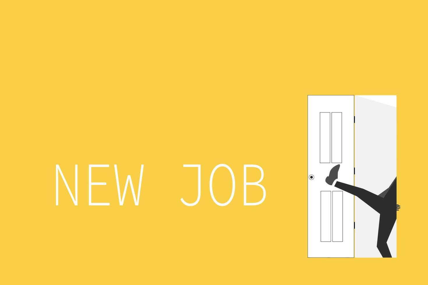 Businessman kicking door to open door on yellow background with new job text. Business and management. Way to success. Taking chances. vector