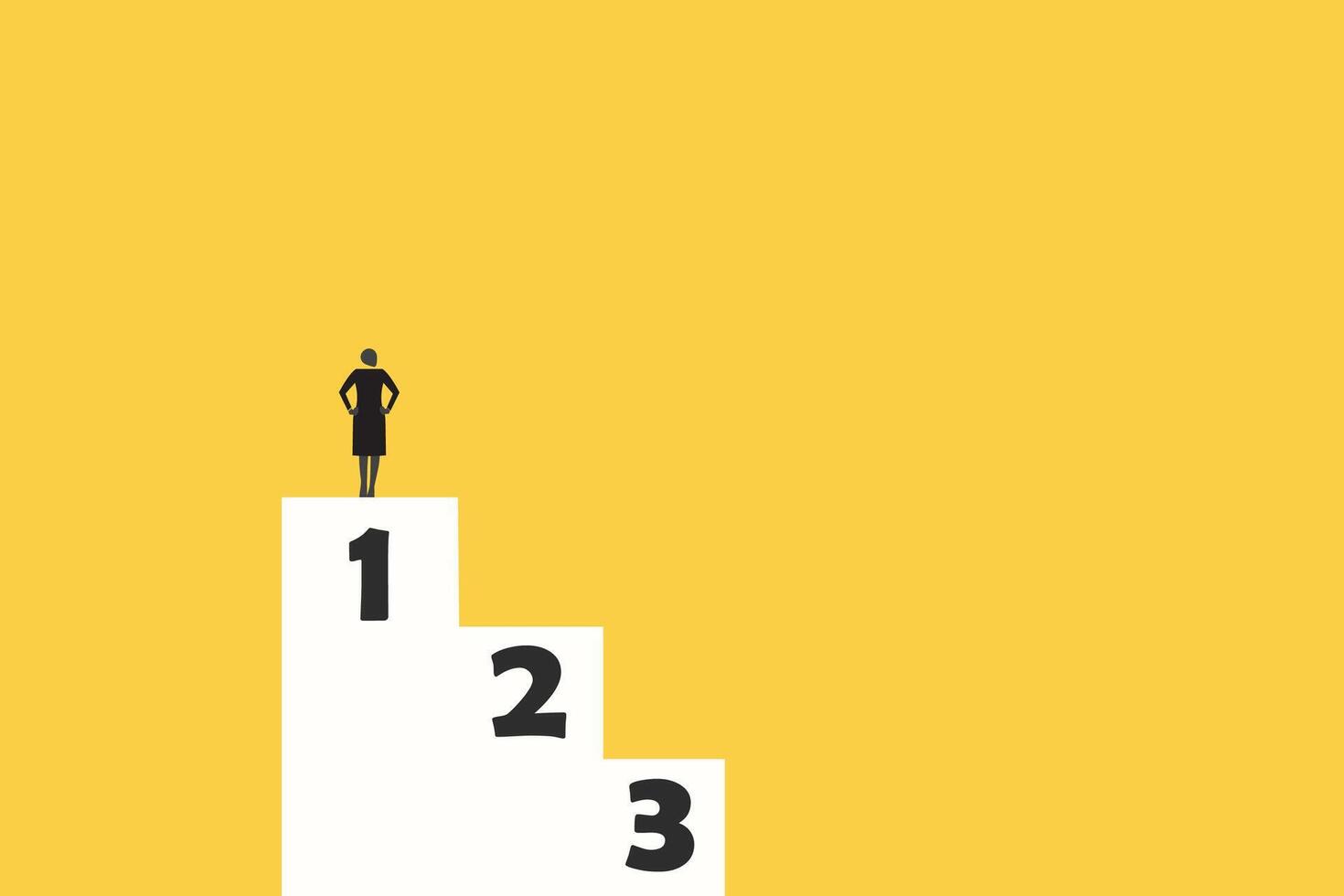 Woman standing on the podium on the first place with award. vector