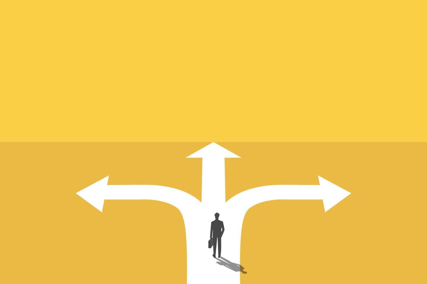 businessman stand in front of a crossroad with road split in three different ways as arrows. Business decision making, career path, work direction or choose the right way to success concept. vector